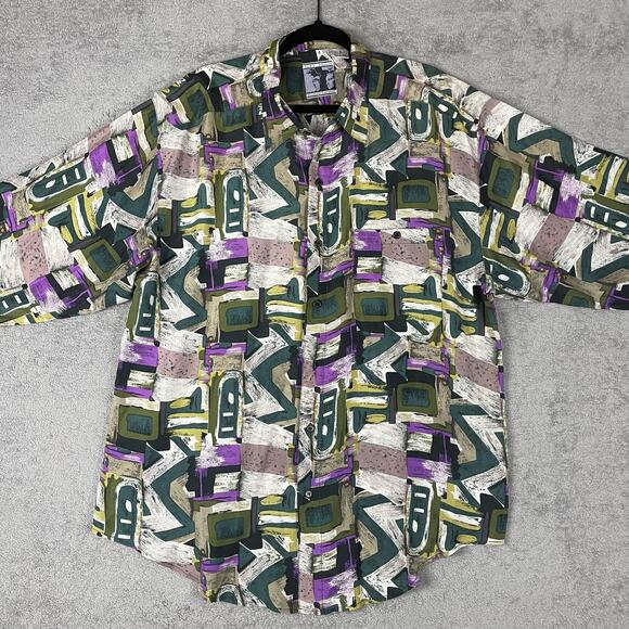 Vintage 90s Abstract Silk Shirt Large Geometric Print Festival Indie Sleaze - Picture 1 of 14
